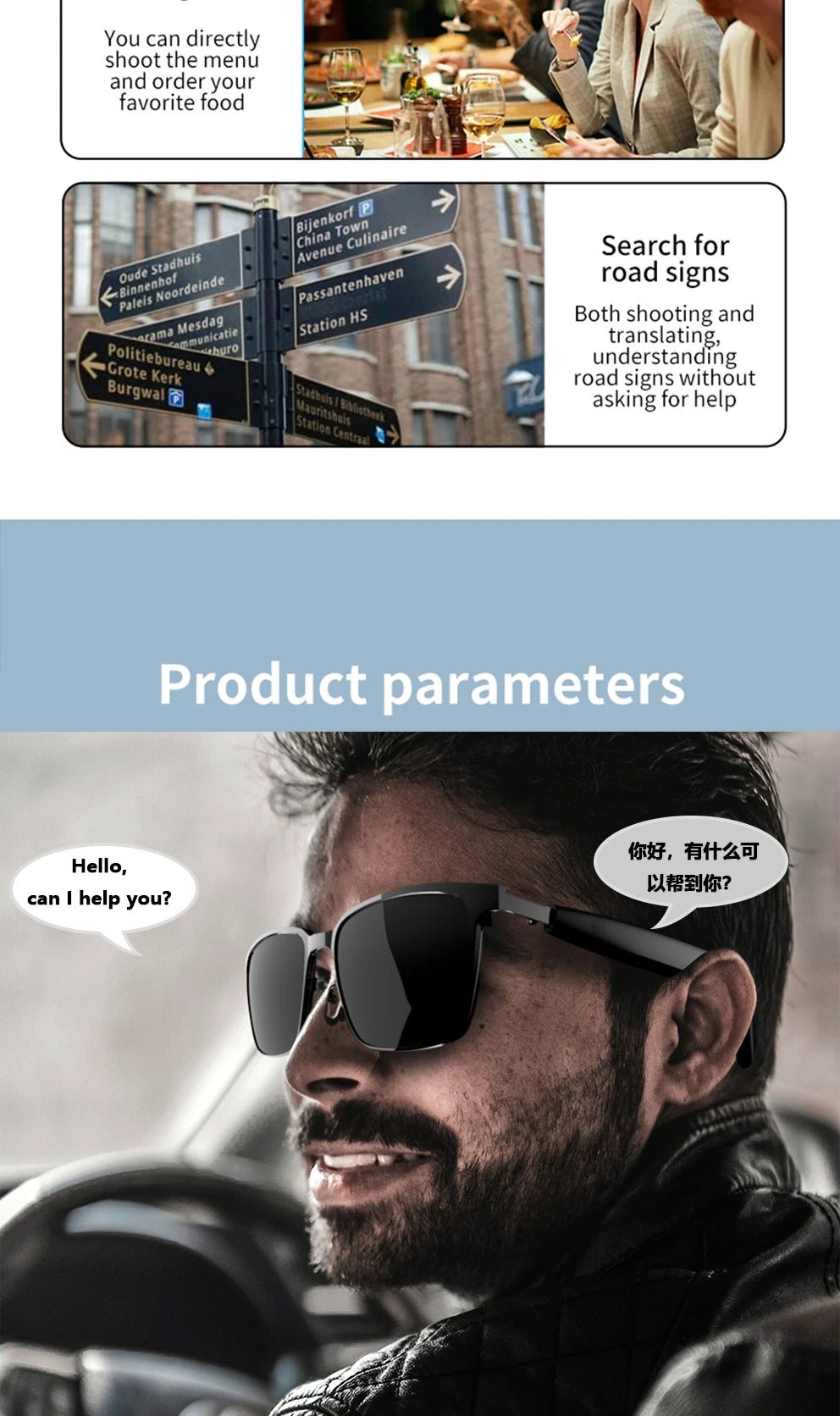 SG-20 Smart Glasses 144 Languages Online Translation Wireless Bluetooth Calling & Music Playback with Magnetic Lenses Included