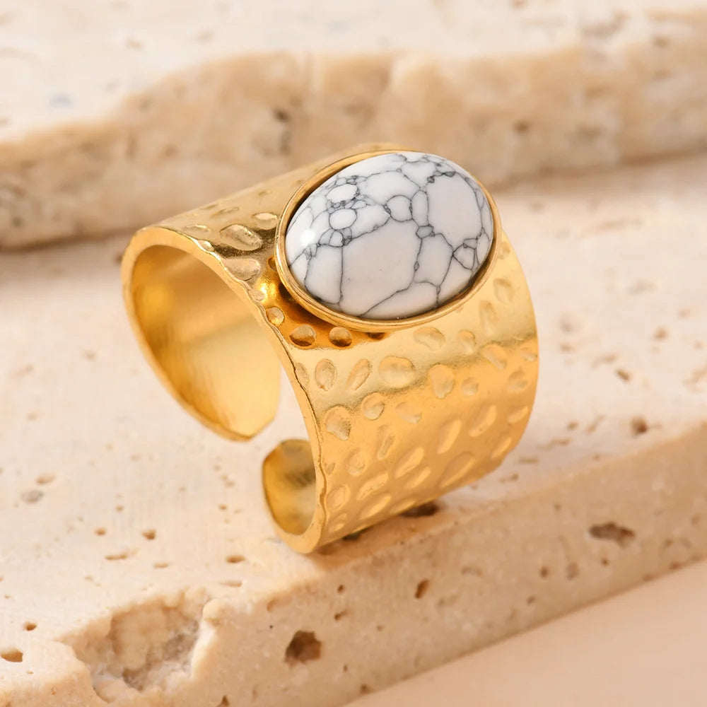 Fashion Stainless Steel Round Natural Stone Green Turquoise Malachite Geometric Ring Women Bohemian Vintage Jewelry