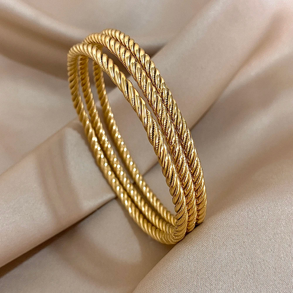 3pcs 18K Gold Plated Stainless Steel Bangle Bracelet for Women Trendy Chic Twisted Stacked Wrist Bracelets Waterproof Jewelry