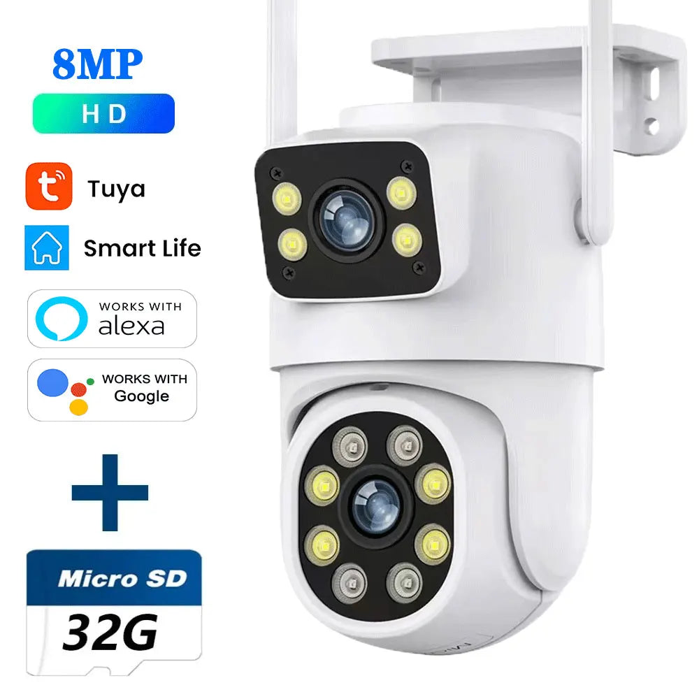 4K 8MP Tuya Dual Lens WIFI Camera PTZ Outdoor Dual Screen Ai Human Auto Tracking Security Camera Surveillance with Alexa Google