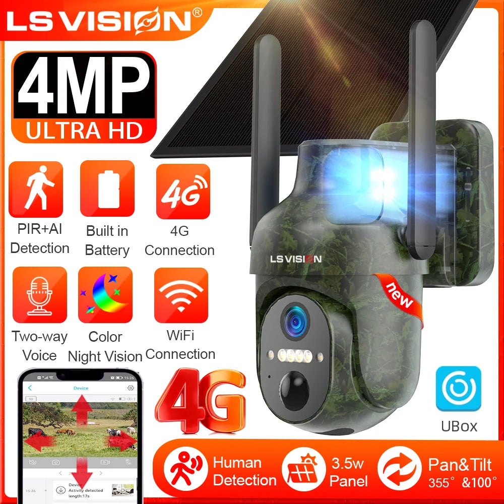 LS VISION 4MP 4G LTE Solar Trail Camera Wildlife Camera Wireless Outdoor Surveillance Cameras PIR Detection Auto Tracking UBOX