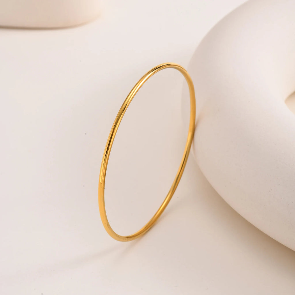 Women Bangle Bracelet Stainless Steel, 18k Gold Plated 2mm Stackable Glossy Thin Jewelry