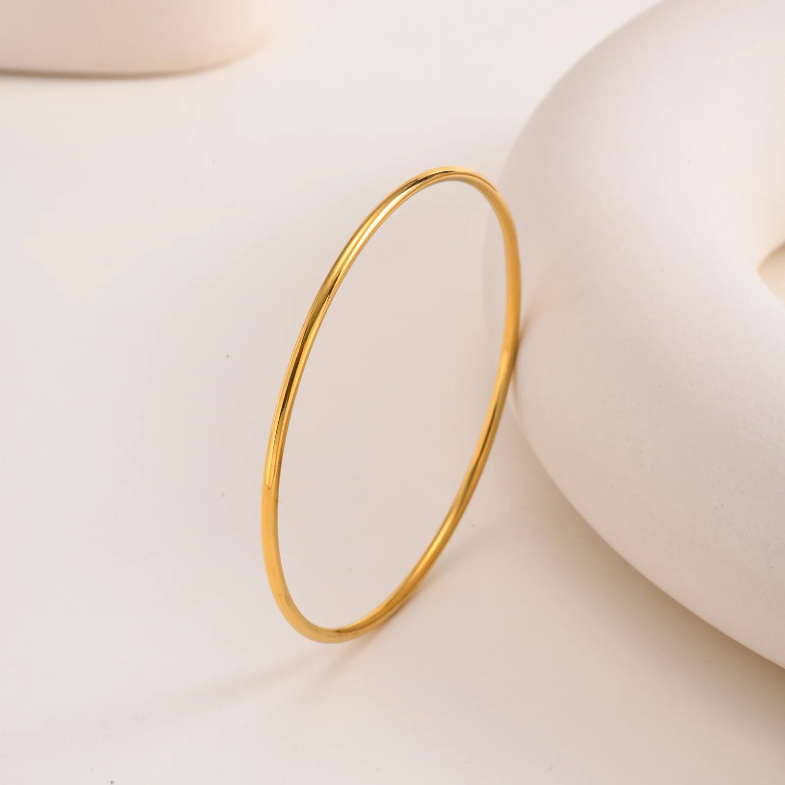 Women Bangle Bracelet Stainless Steel, 18k Gold Plated 2mm Stackable Glossy Thin Jewelry