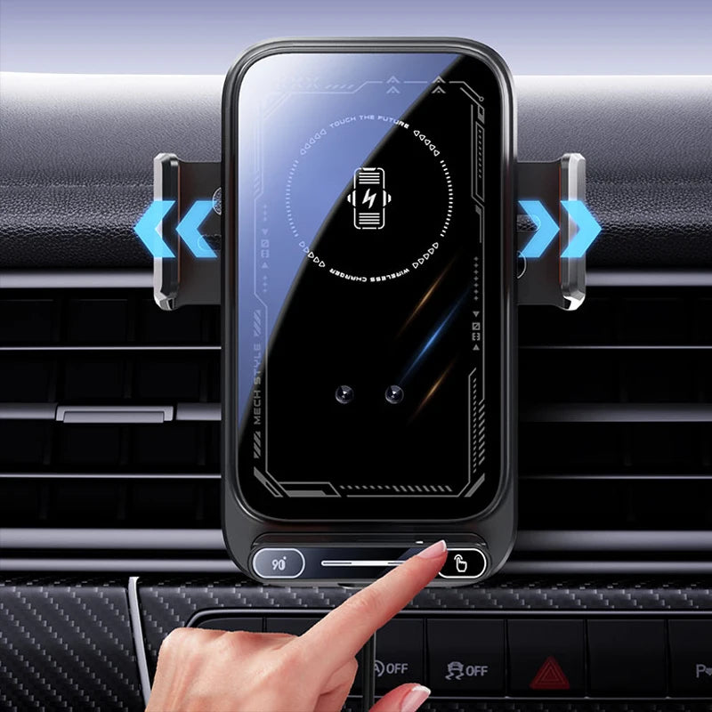 15W Wireless Car Charger with Infrared Sensor Auto Clamping Vent Mount One-Touch Rotation for Secure Fast Charging