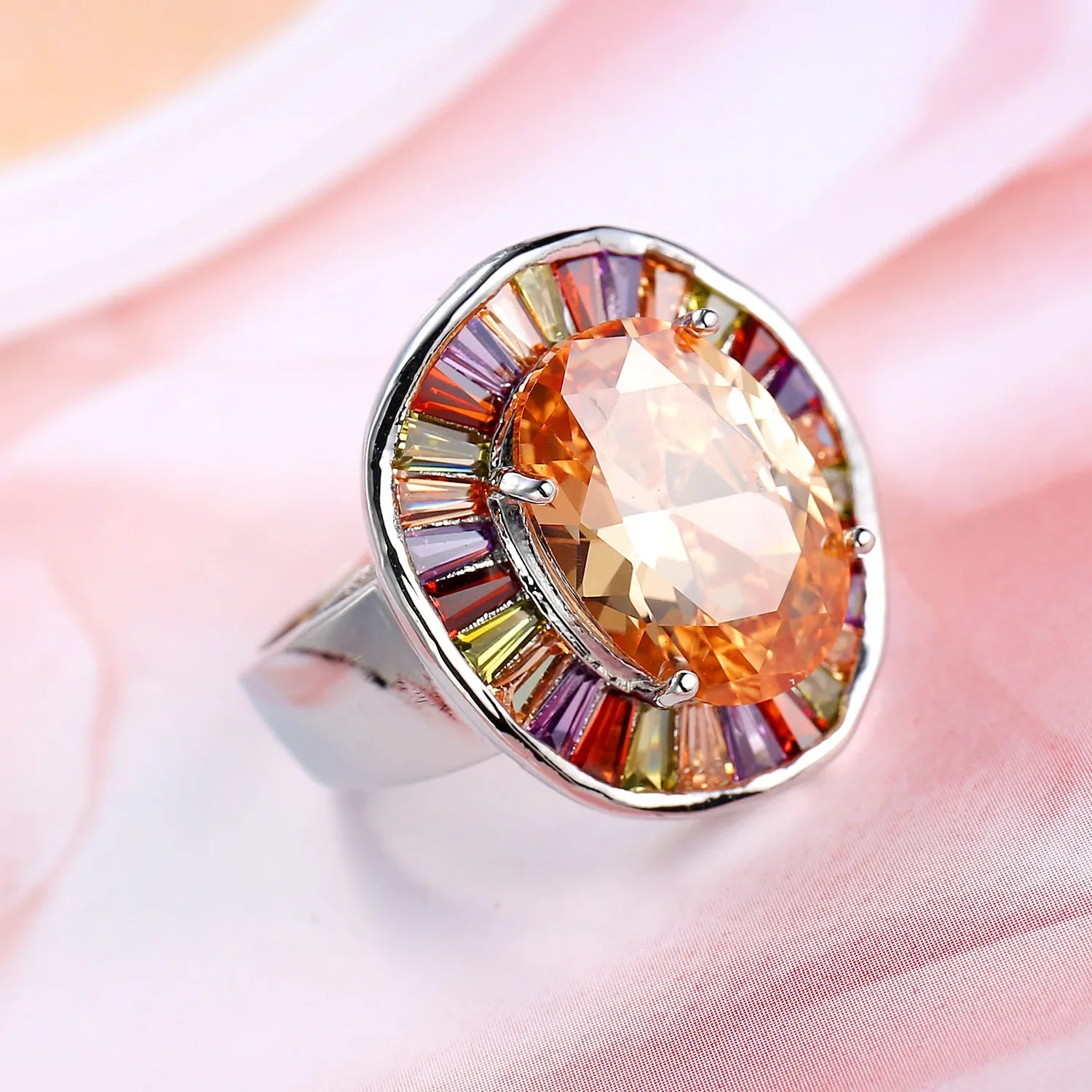 New Statement Bridal Big Round Colorful CZ Finger 925 Sterling Silver Rings Champagne Cubic Zircon Jewelry for Women Party Gift