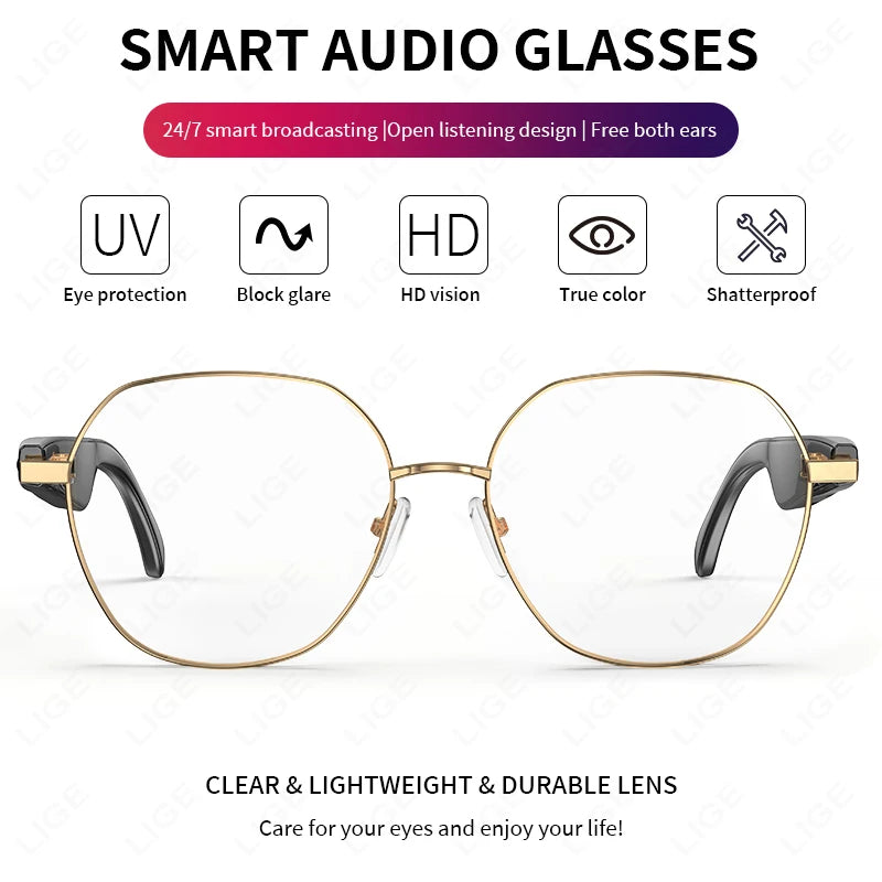 LIGE Smart Glasses AI Intelligent Translation Wireless Bluetooth Glasses Built-In Mic Speakers Headset Sunglasses For Men Women