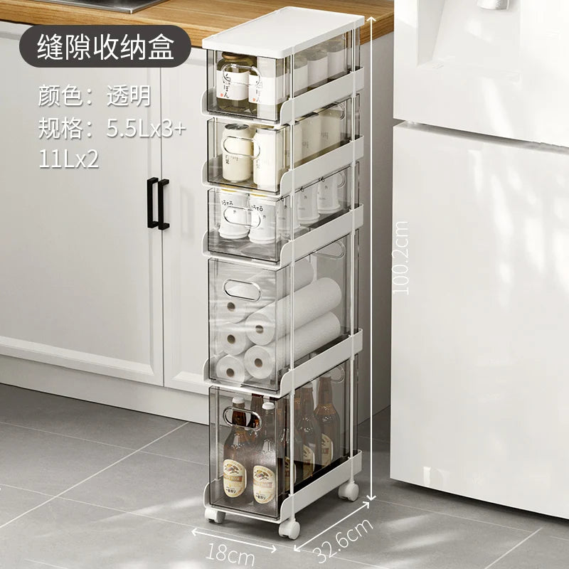 Kitchen Gap Storage Shelf Drawer-Type Narrow Side Cabinet Bathroom Organizer with Wheels for Multi-Function，Gap Storage Cabinet,