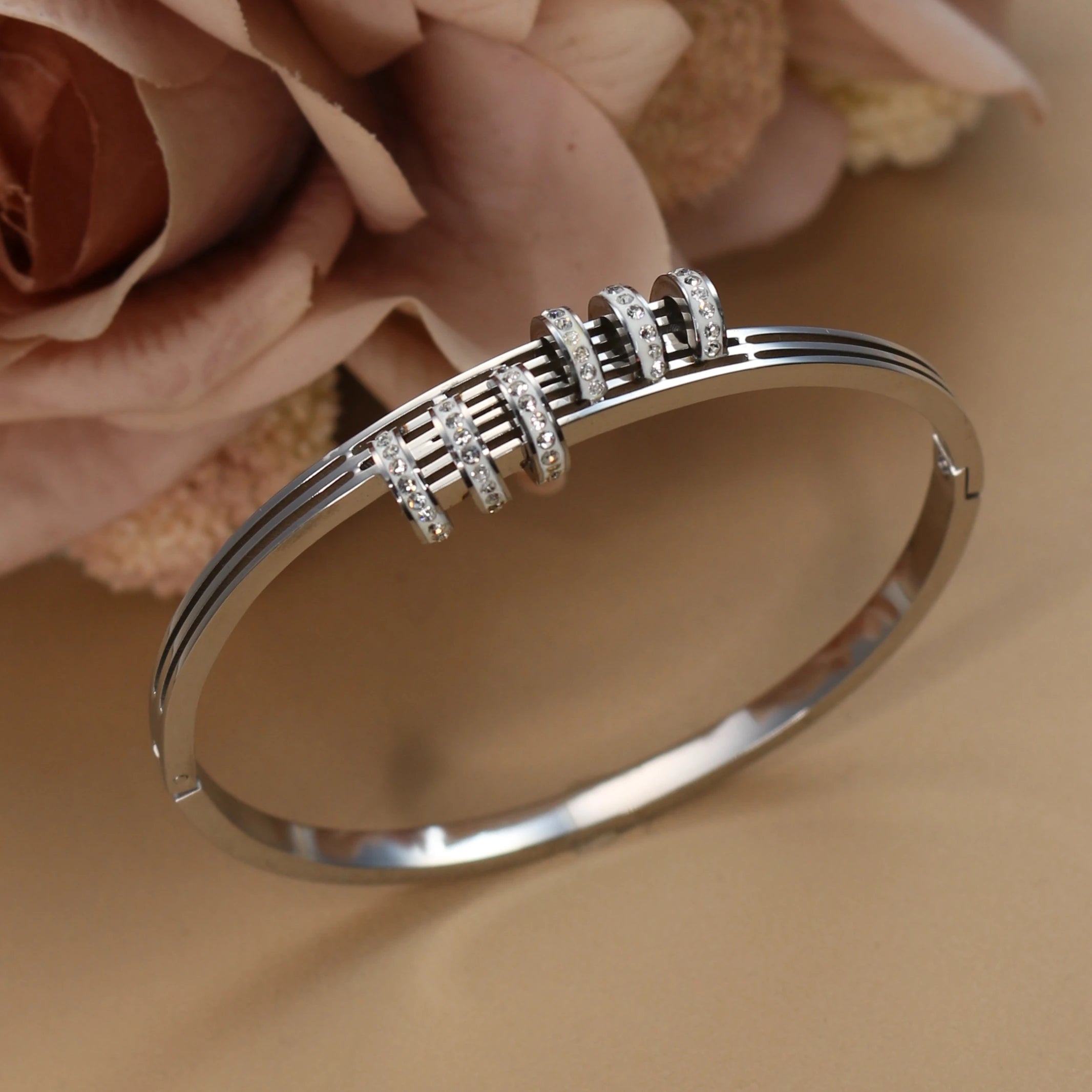 XB-133 New Stainless Steel Jewelry Crystal Bracelets Half Face Hollow Design Bangle For Women's Love Gifts Wholesale