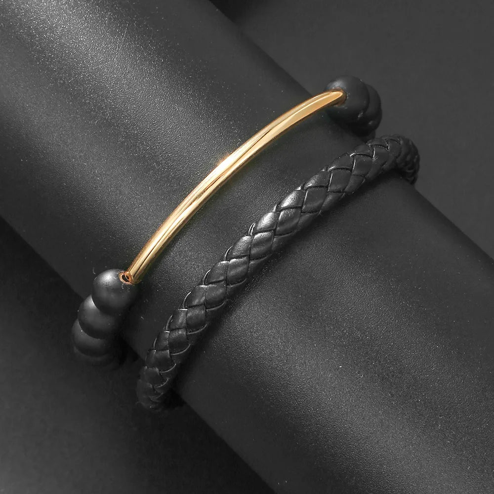 New Leather Woven Bracelet Men's Punk Handmade Black Frosted Bead Bracelet Bracelet 2 Set Bracelet