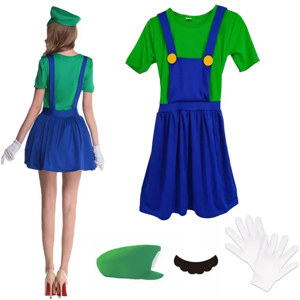 Halloween   Plumber Bros Cosplay Costumes Funny Halloween Carnival Outfits for Men Women Fancy Jumpsuit with Hat Mustache Gloves