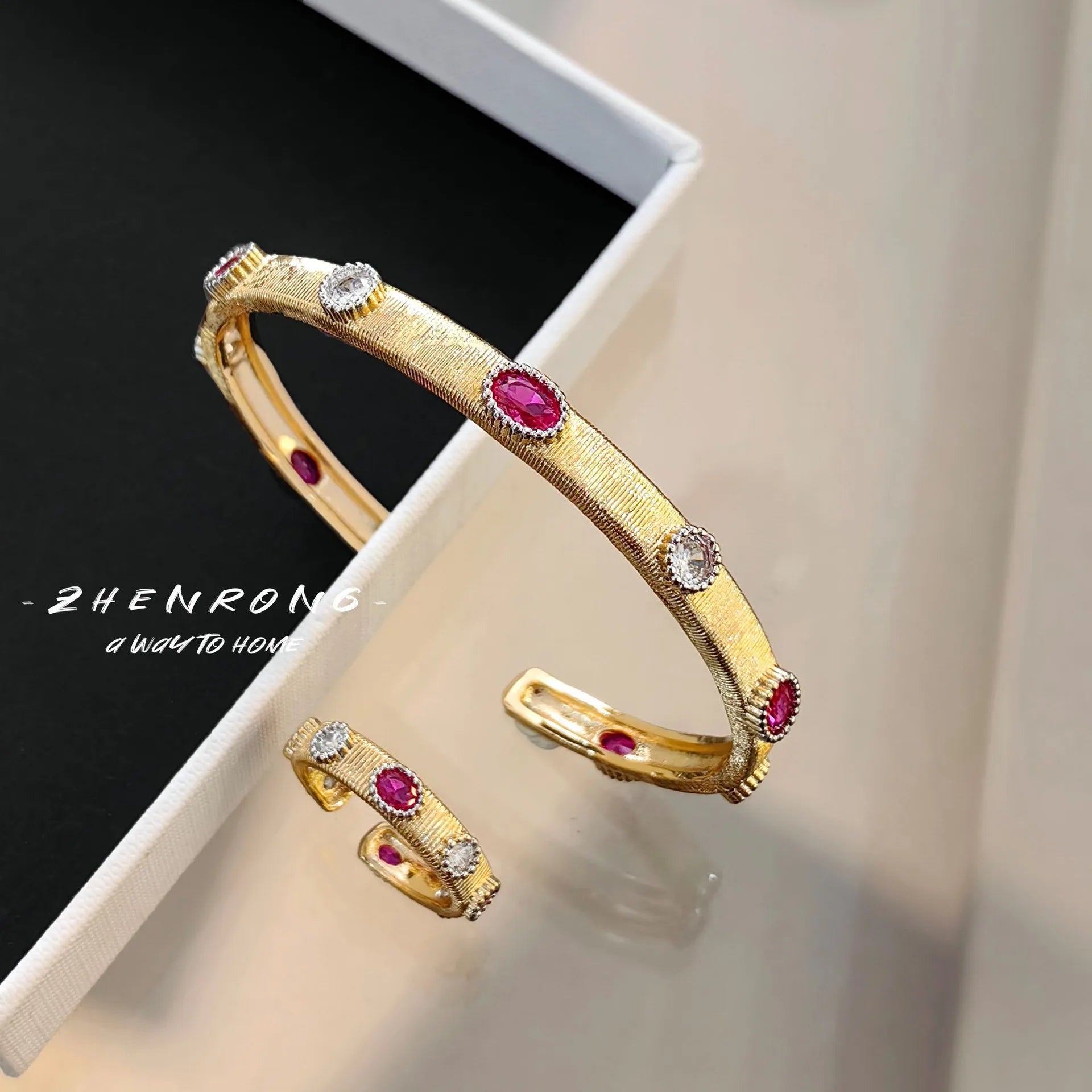 New Fashion Vintage Ring Bracelet for Women Luxury 18K Gold Plated Exquisite Cuff Bangle Finger Ring Cocktail Antique Jewelry