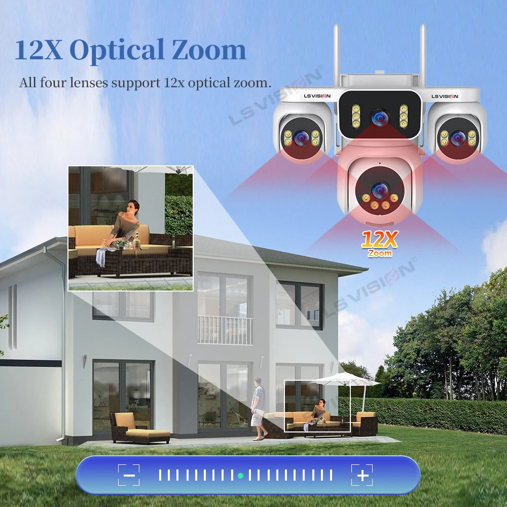 LS VISION 10K AOV 4G LTE Solar Camera Outdoor Security Camera 12X Zoom 24/7 AOV Recording Four Lens Auto Tracking Human Motion