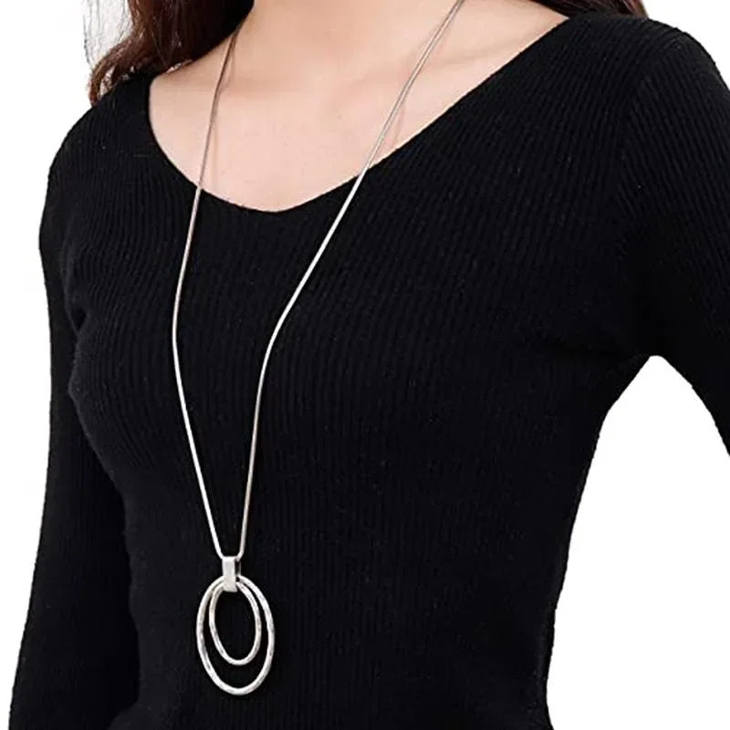New Fashion Large Double Circle Pendant Necklace Fashion Simple Sweater Chain