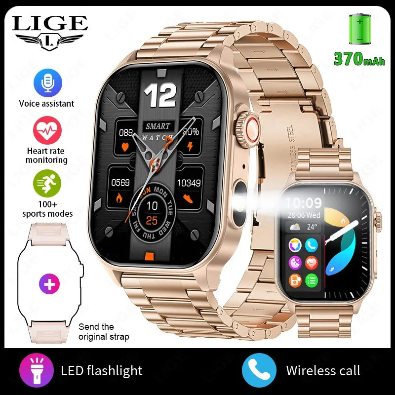 LIGE New Men Smart Watch Flashlight 2.01" HD Large Screen AI Voice Bluetooth Call Sport Watches Health Monitor Smartwatch Women