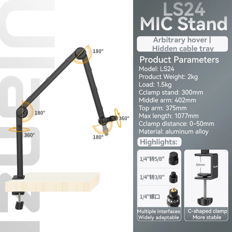 Vijim LS24 LS25 Microphone Boom Arm Stand Heavy Duty Desktop Adjustable DSLR Camera Smartphone Microphone Mount for Blue Yeti