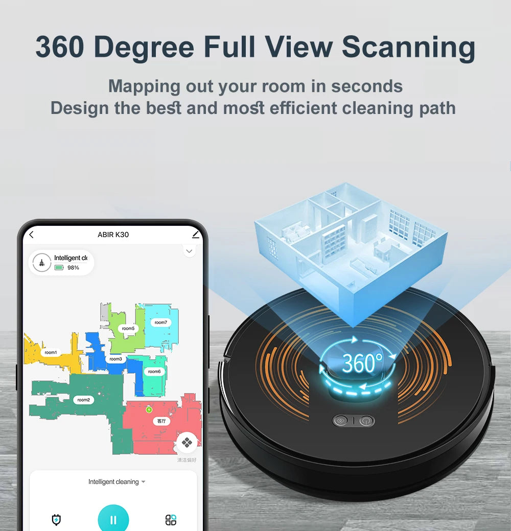 Robot Vacuum Cleaner ABIR K30 with Auto-empty Dock, 6500PA Suction, Multi-Floor Maping, Customized Wet Dry Room Cleaning