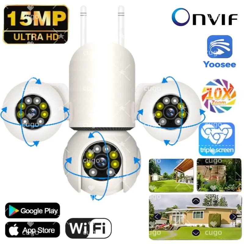 Three Screen Three Lens 15MP HD WIFI IP Camera 10MP Dual Lens Camera Onvif PTZ Auto Tracking CCTV Video Security Cam Yoosee