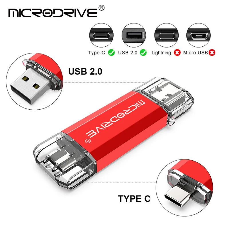 TYPE C USB 2.0 Flash Drive OTG Pen Drive 128GB 64GB 32G 16 8 4GB Memory Disk U Stick External Storage Pendrive for SmartPhone/PC