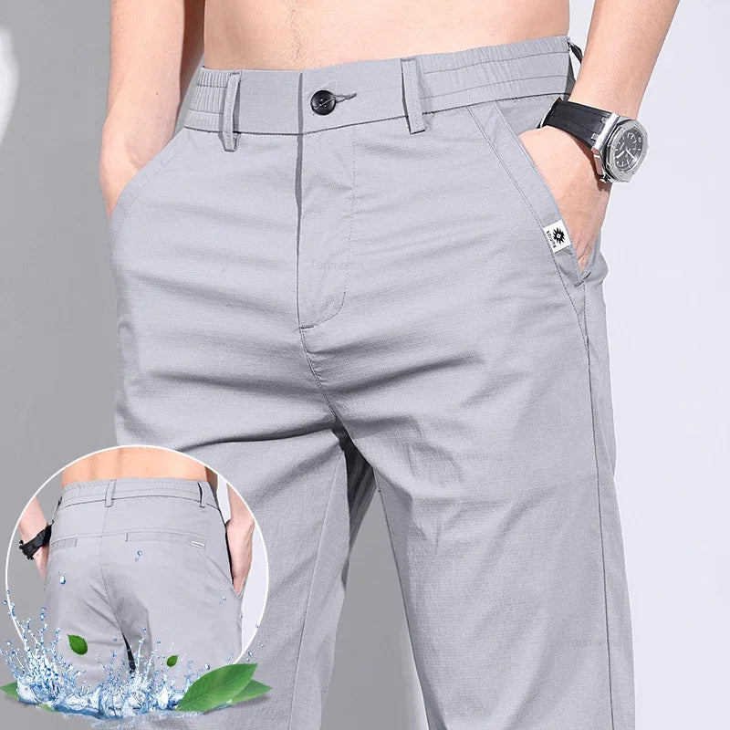 Ultra-thin Elastic Men's Casual Pants 2024 Summer Ice Silk Cotton Fashion Slim Straight Business Trousers Black Gray Khaki