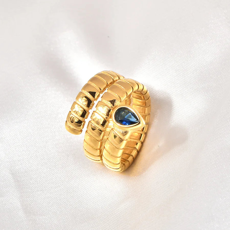 Tubogas Blue Stone Ring for Women Gold Plated Stainless Steel Wrap Cuff Ring
