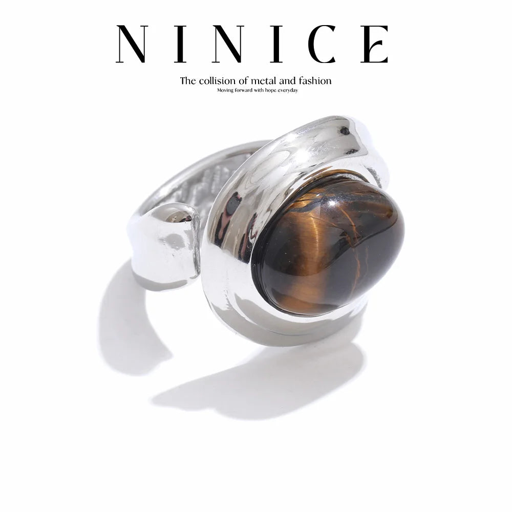 NiNice Stainless Steel Ring Natural Tiger Eye Stone Waterproof Popular Personalized Fashion Design Wholesale