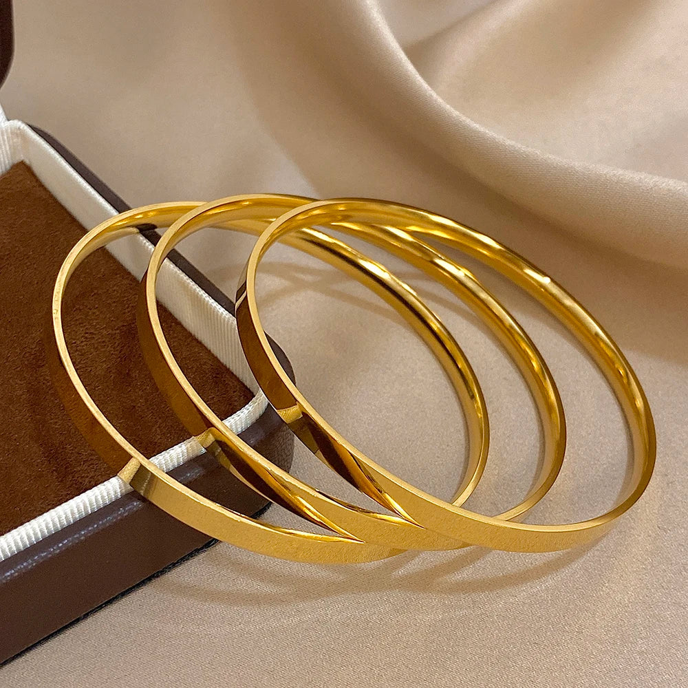 3pcs Simple Classic Smooth Stainless Steel Wide Basic Bracelet for Men Women Vintage Chunky Gold Plated Plain Waterproof Bangles