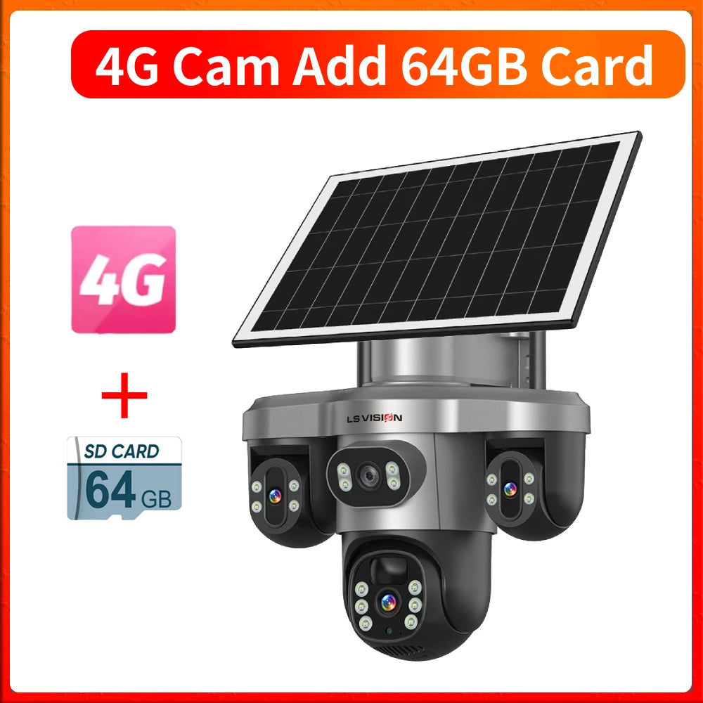 LS VISION 15MP 4G/WiFi Solar Camera Three Screens 10X Zoom Outdoor Surveillance Cameras Security PTZ PIR Night Vision CCTV V380