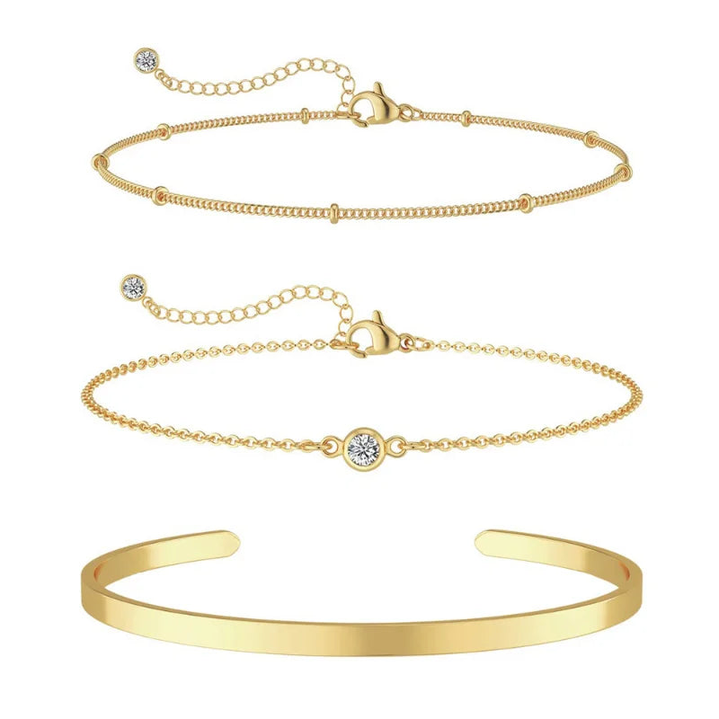 3pcs 14K Gold Plated STAINLESS Waterproof Bracelet Sets for Women Girls Snake Chain Cuban Link Cuff Bangle Stackable Bracelets