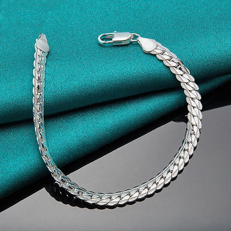 Fashion Hot 925 Silver Bracelet 6mm 18/19/20cm Flat Side Chain Lobster Clasp For Woman Man Wedding Engagement Jewelry Gift