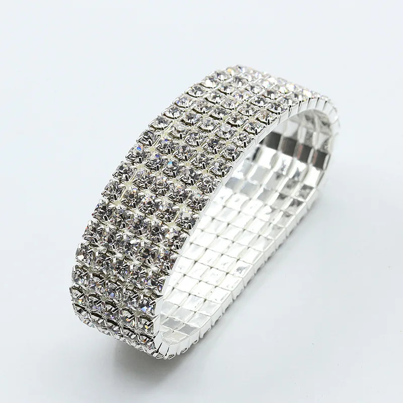 1-5 Rows Rhinestones Crystal Stretch Bracelet Round Cubic Zirconia Tennis Bracelet Silver Color Women Wristband Elastic Bangles
