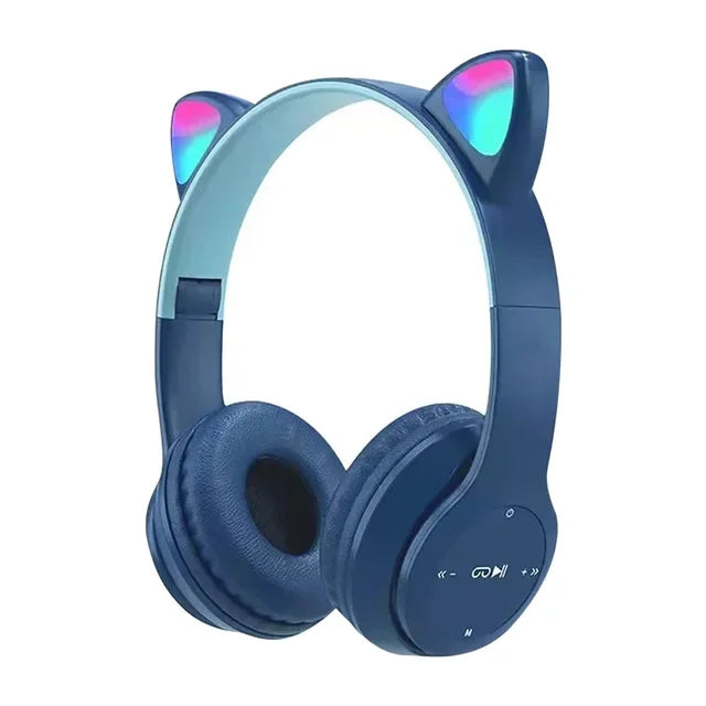 Children Girls Cute Cat Ear Bluetooth Compatible Headset with LED Wireless Headset  Stereo Folding Sports Headset with Microphon