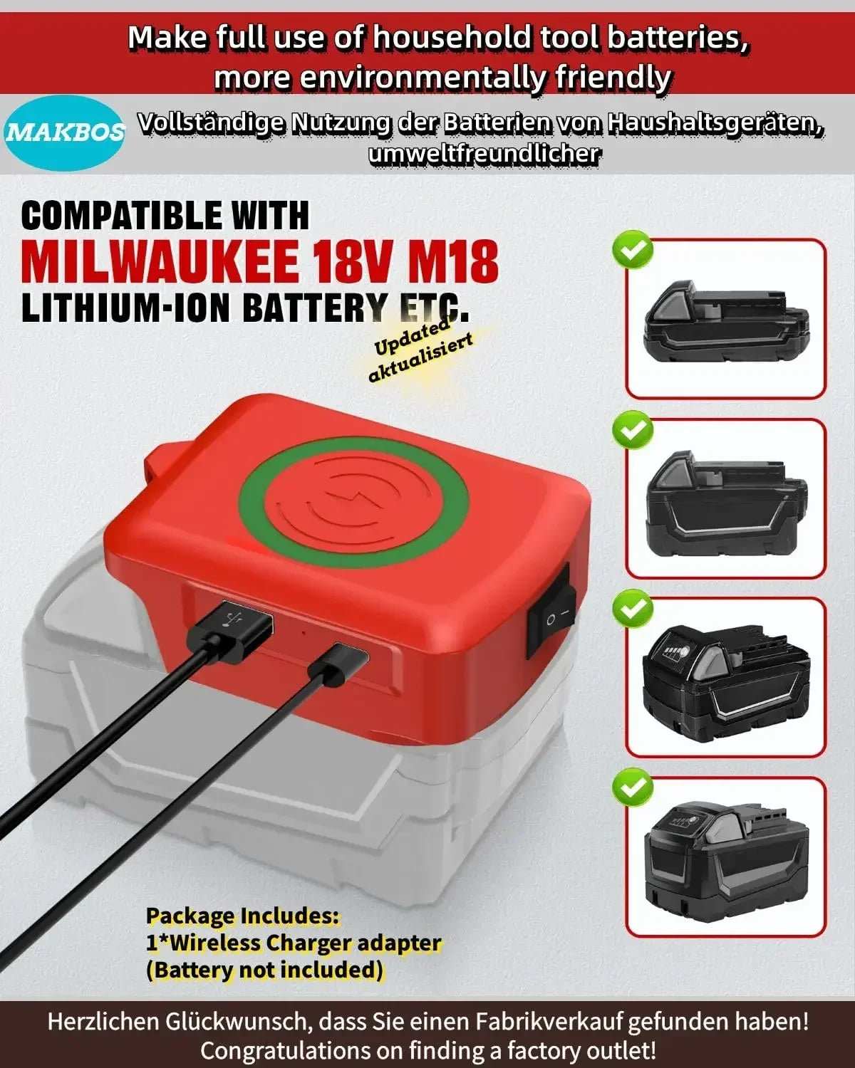 Wireless Phone Charger For Milwaukee 18V Li-ion Battery Phone Charger with USB Port and TYPE C Port Portable Outdoor Power Bank
