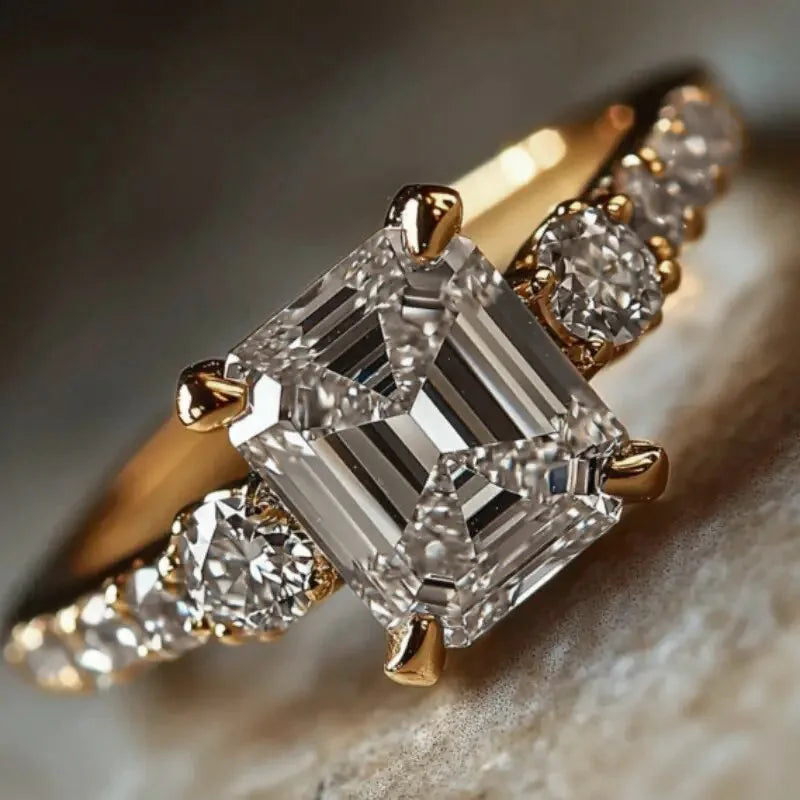 New Sparkling Quadrilateral Geometric Design Ring Light Luxury Personalized Fashion Style Engagement and Wedding Accessories