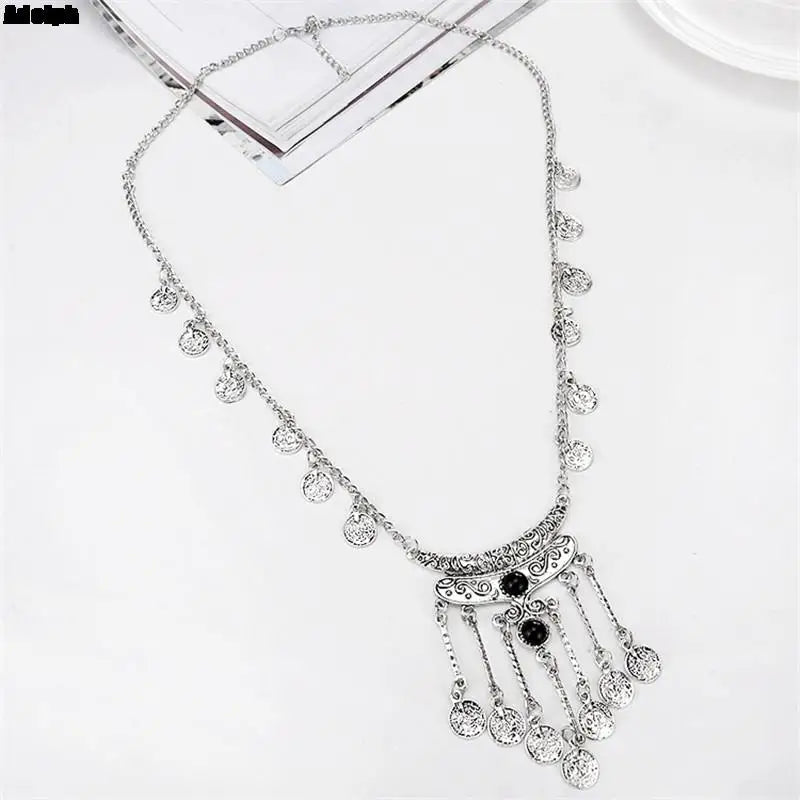 New Fashion Bohemian Coin Necklace Women Girl Alloy Vintage Long Stone Tassel Necklace Sweater Chain Pendant Jewelry Gifts 2022