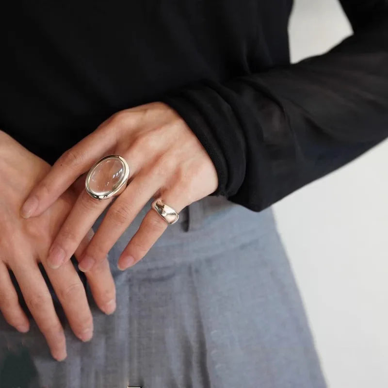 PANJBJ 925 Sterling Silver Geometry Crystal Ring For Women Ellipse Exaggerated Punk Water Drop Open Jewelry Gift Dropshipping