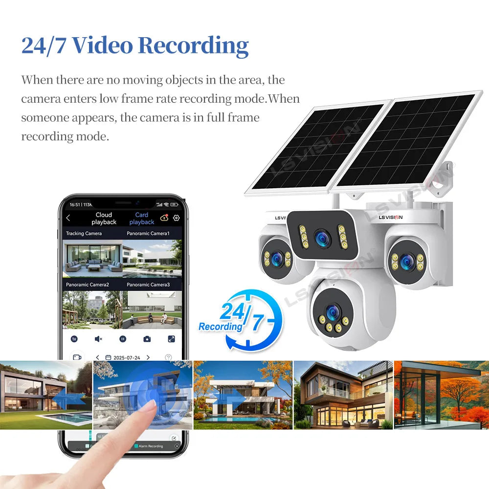 LS VISION 10K AOV 4G LTE Solar Camera Outdoor Security Camera 12X Zoom 24/7 AOV Recording Four Lens Auto Tracking Human Motion