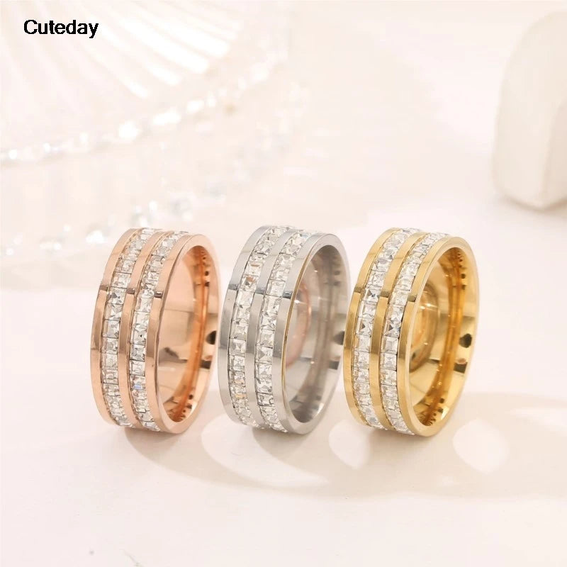 Luxury Rose Gold Double Rowed Square Zircon Stainless Steel Ring Women's Romantic Engagement Wedding Party Jewelry Women Gift