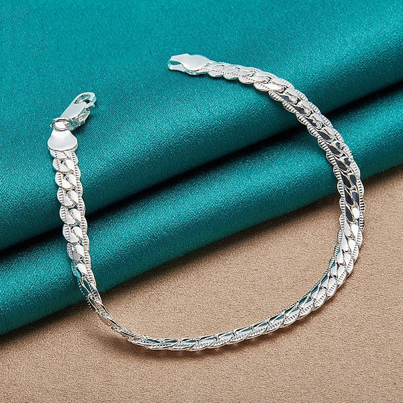 Fashion Hot 925 Silver Bracelet 6mm 18/19/20cm Flat Side Chain Lobster Clasp For Woman Man Wedding Engagement Jewelry Gift