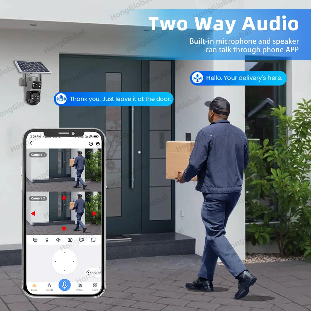 HongGlobal 8MP Wireless Solar Powered Surveillance Camera Eseecloud Dual Lens 4K Home Security 5G WiFi/4G Outdoor Solar CCTV Cam