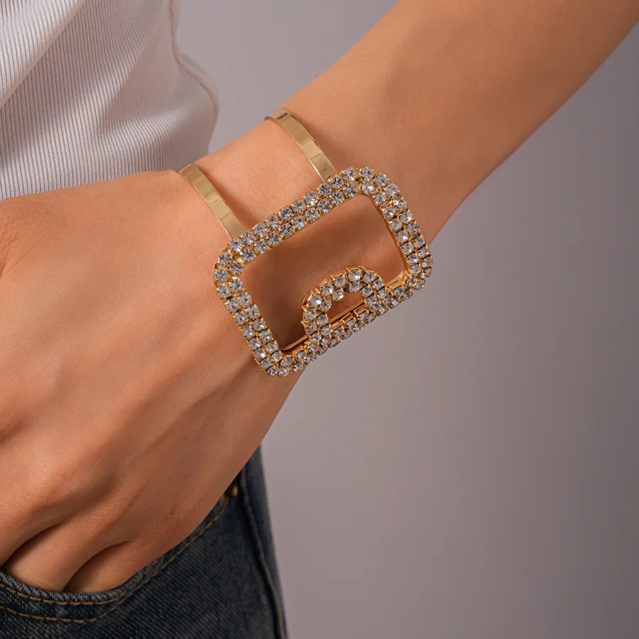 Fashion Metal Square Inlaid Rhinestone Bangles for Women Party Trendy Korean Delicate Bracelet Luxury Designer Jewelry Gifts