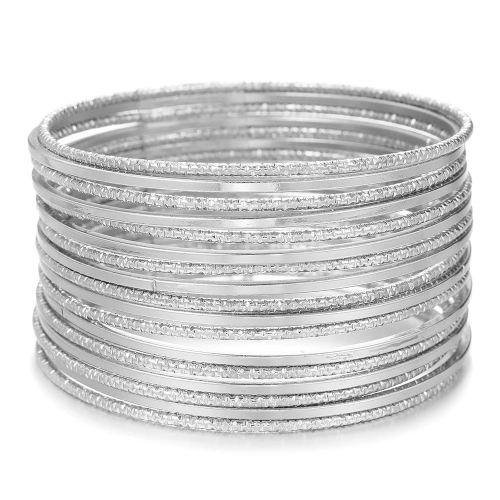 Trending Fashion Classic Frosted Ultra Simple Ring Bracelet Set Boho Chic Multi-Layer 17-Piece Alloy Bracelet Set for Women