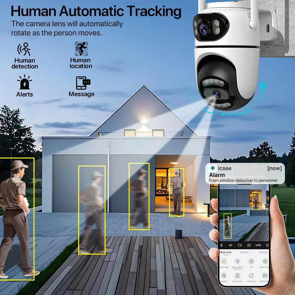 Wifi PTZ Camera iCsee APP 8MP 4K HD Dual Lens Dual Screens Video Surveillance IP Camera Ai Tracking Outdoor Home Security CCTV