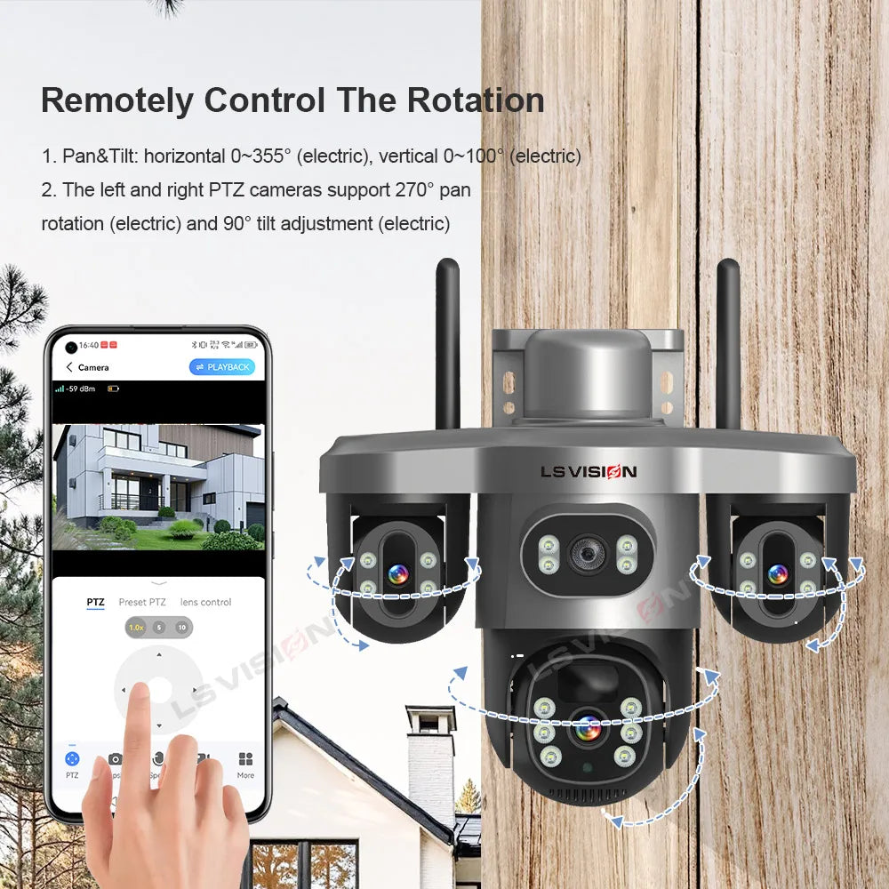 LS VISION 15MP 4G/WiFi Solar Camera Three Screens 10X Zoom Outdoor Surveillance Cameras Security PTZ PIR Night Vision CCTV V380