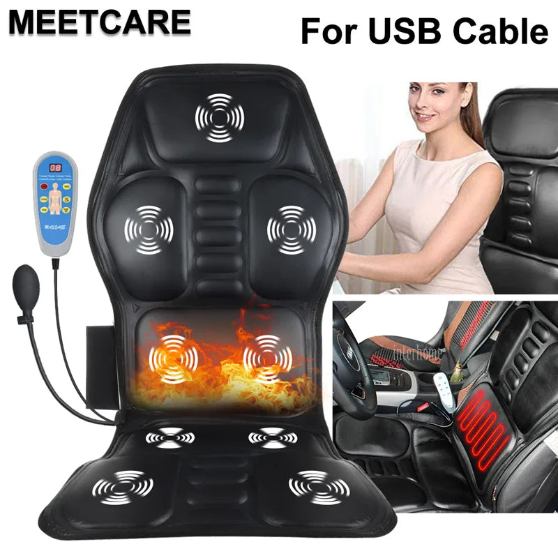 PU Leather Electric Heating Massager Cushion for Car Cargo Truck Home Use 9 Motors Vibration Neck Back Pain Relief Massage Mat