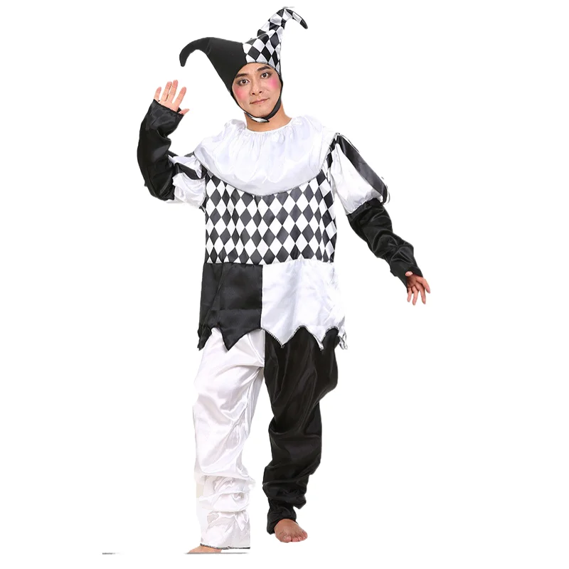 Halloween Carnival Costumes Funny Fun Cosplay Black and White Splicing Clown Costume with Hat for Man Women Innovative Set