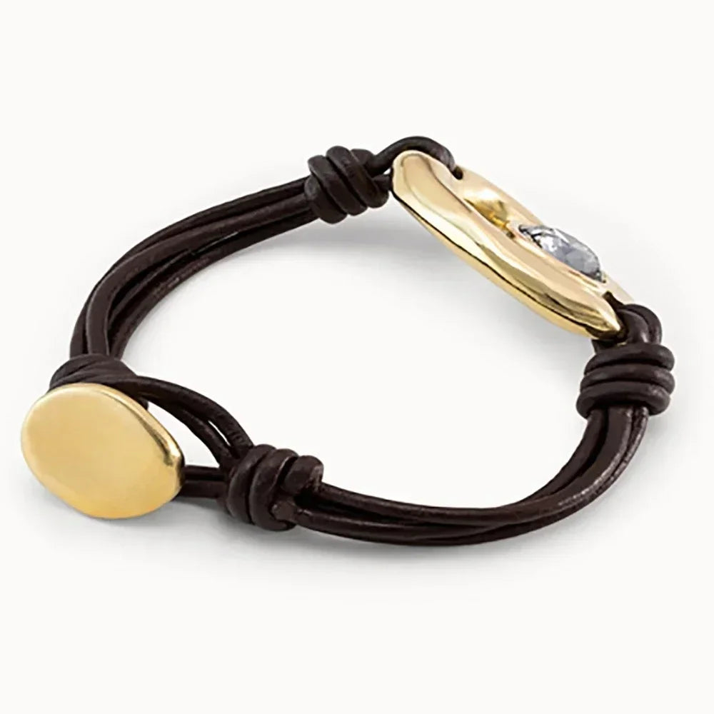 Sparkling Soft Leather Rope Gold Irregular Square Gray Crystal Bracelet in Summer, Women's Accessory, Gift for Friends' Banquets