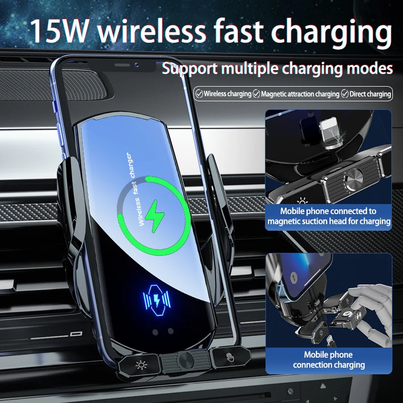 Car Phone Holder Wireless Charger For iPhone 12 13 14 15 Pro Max Sucker For Windshield Dashboard Air Vent Fast Charging Station