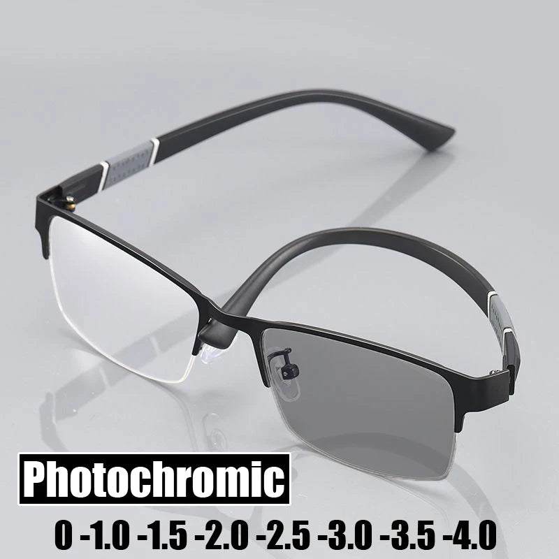 Smart Photochromic Near Sight Sun Glasses for Business Women Men Retro Metal Half Frame Myopia Eyewear Anti-UV Minus Goggles