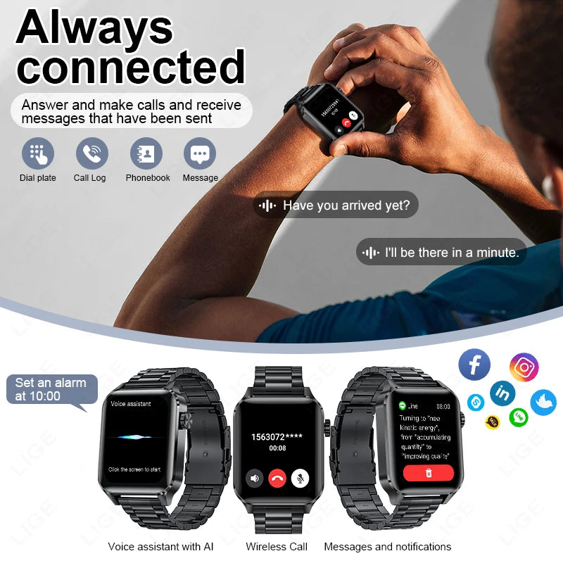 LIGE New 1.85inch HD Full Touch Screen Smart Watch Men Outdoor 100+ Sports Fitness Health Monitoring Smartwatch for Android iOS