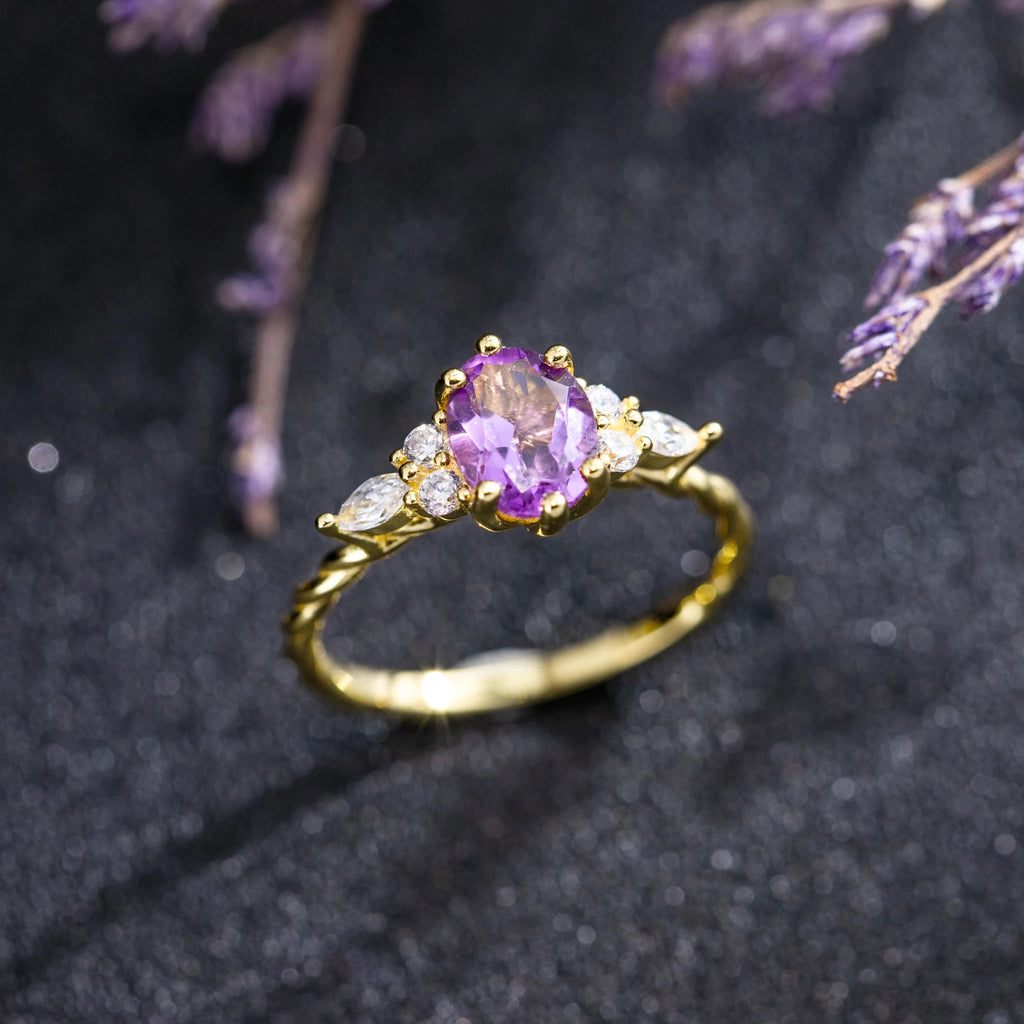 Charm Gold Silver Color Wedding Ring Natural Amethyst Oval Shaped Stone Engagement Ring Unique Zircon Cluster Rings For Women